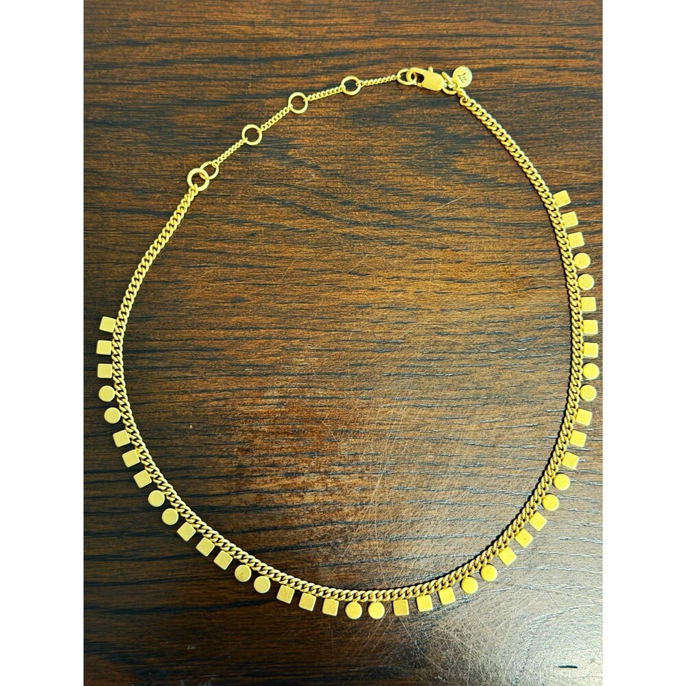 Gold Tone Metal Curb Chain Necklace Disc & Square Charm Fringe 17in Adjustable
